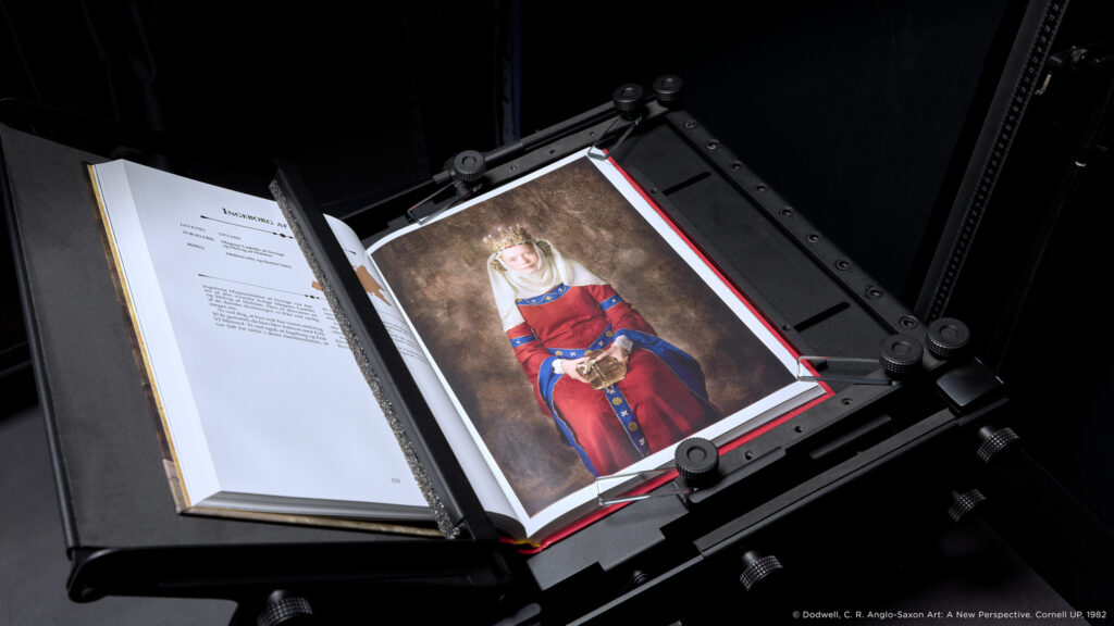 Desktop Book Cradle used to digitize a document with a iXH 100MP precision heritage documentation camera