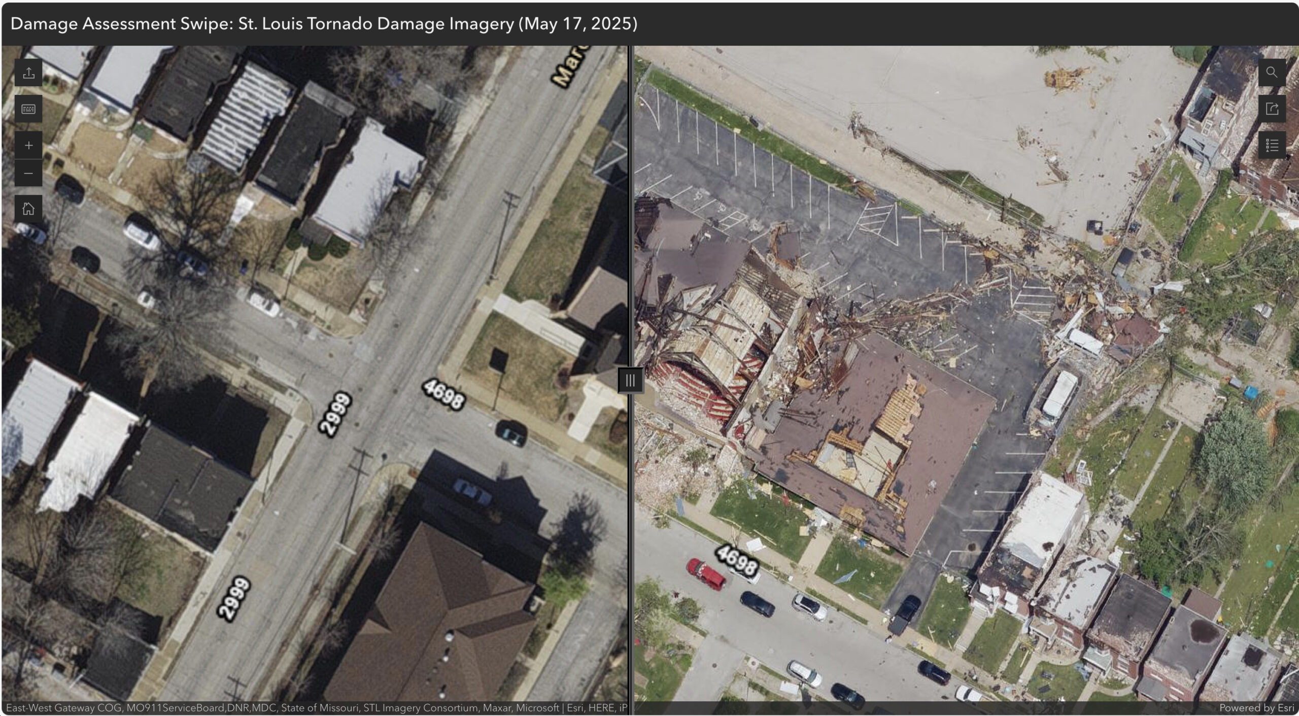 Before/after swipe tool for storm damage